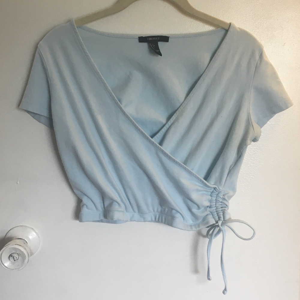 Baby blue cross front fitted crop top